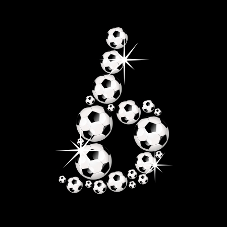 Soccer or football alphabet letter b illustration icon with shiny, reflective soccerballs or footballs on black background の写真素材