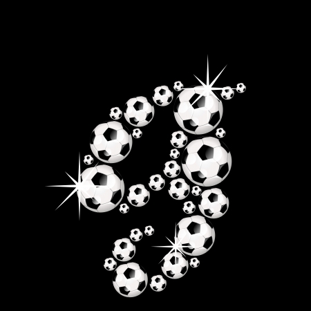 Soccer or football alphabet letter g illustration icon with shiny, reflective soccerballs or footballs on black background の写真素材