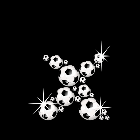 Soccer or football alphabet letter x illustration icon with shiny, reflective soccerballs or footballs on black background の写真素材