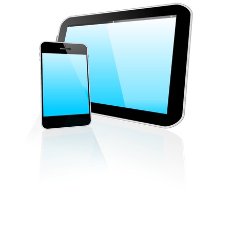 tablet pc or pad and smartphone  3D perspective, blue gradient screens の写真素材