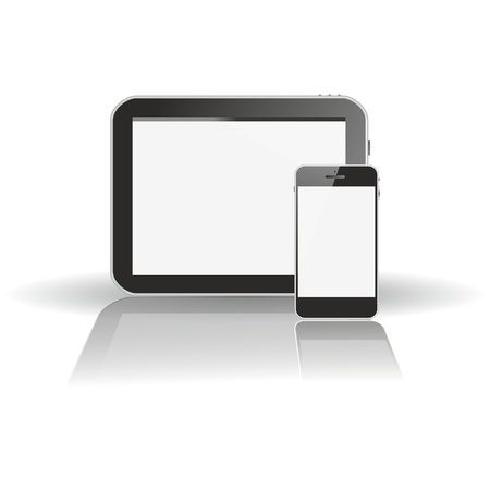 tablet pc horizontal, smart phone vertical with a XXL mirror reflection in front and a floating or hovering shadow の写真素材