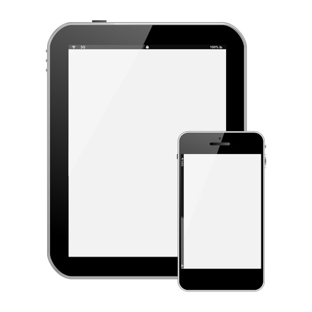 tablet pc or pad vertical and vertical smart phone with white reflective screensの写真素材