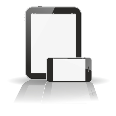 smartphone tablet pc smartphone with large reflective shadow, isolated on white backgroundの写真素材