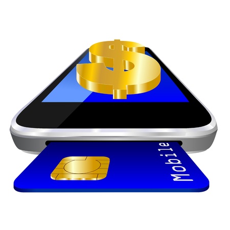mobile payment illustration with smartphone, credit card an the currency symbol of  Dollar symbol の写真素材