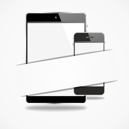 smartphone and tablet pc with white, empty sign as a banner on top to be filled with text of your choice の写真素材