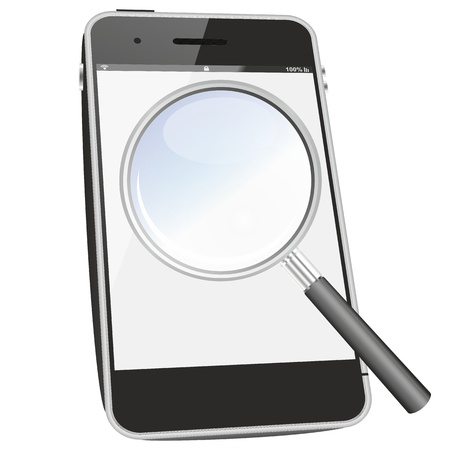 smartphone search icon or symbol as a FAQ illustration, isolated and in perspective point of viewの写真素材
