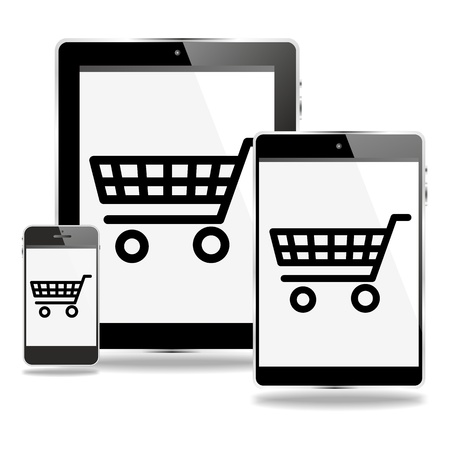 smartphone, tablet pc and mini pad, m-commerce mobile shopping devices iconの写真素材