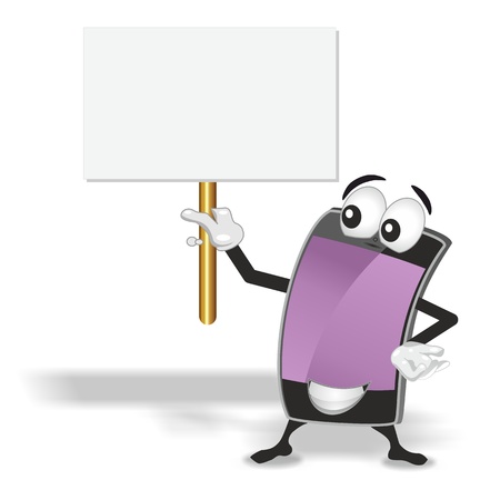 smart phone mascot with purple empty screen holding up blank sign boardの写真素材