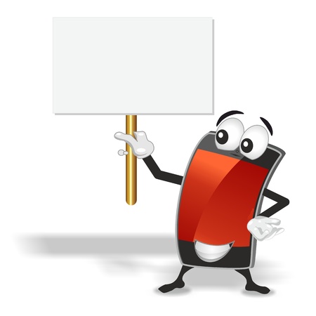smart phone mascot with red empty screen holding up blank sign boardの写真素材
