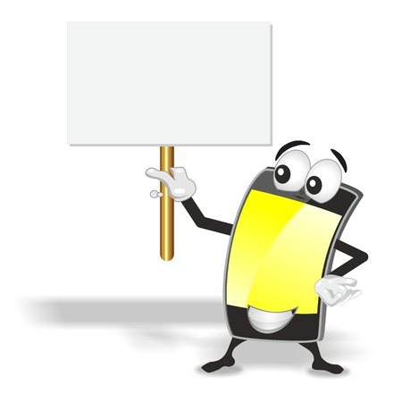 smart phone mascot with yellow empty screen holding up blank sign boardの写真素材