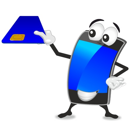 smartphone mascot, holding up a credit card, blue icon for mobile payment, shopping and m-commerceの写真素材