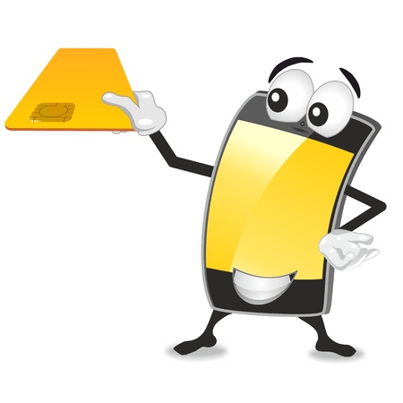 smartphone mascot, holding up a credit card, yellow icon for mobile payment, shopping and m-commerceの写真素材