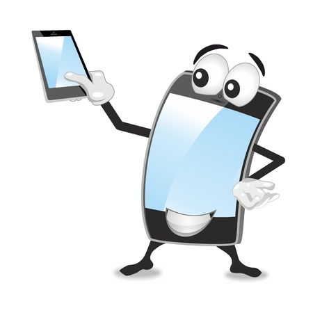 cellphone mascot holding up a smartphone, both blue screens are empty giving space for additional textの写真素材