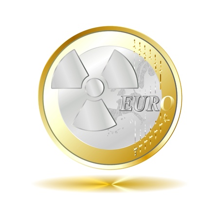 Euro coin - RADIOACTIVE  - DANGER with golden shadow reflectionの写真素材