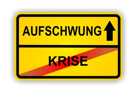 German antonym - Ortsschild - AUFSCHWUNG - KRISE の写真素材