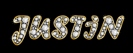 The boy, male name JUSTIN made of a shiny diamonds style font, brilliant gem stone letters building the word, isolated on black background, with a golden frame and reflective bling star の写真素材