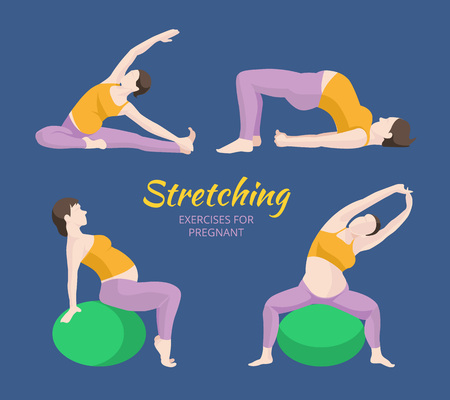 Pregnant Woman Exercise, Yoga, Planking Or Stretching some with Exercise Balance Ballのイラスト素材