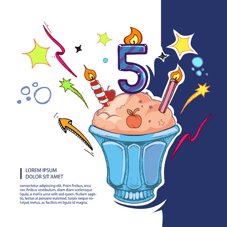Sweet birthday cake with color candles icon and color ribbons. Vector pictureのイラスト素材