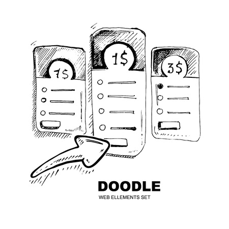 Hand drawn tablet with pricing list, 3 Versions Comparison, List and bulletin with plan for website.のイラスト素材
