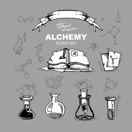 hand drawn alchemy icons set with test tubes. Isolate on dark backgroundのイラスト素材