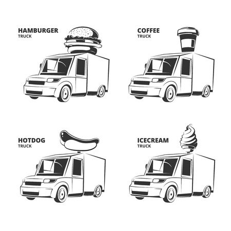 ice cream, hamburger, hot dog, coffee trucks. Vintage vector monochrome pictures set for emblems, labels, badgesのイラスト素材