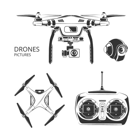 Vector monochrome set of drones pictures for labels, badges and logos designのイラスト素材