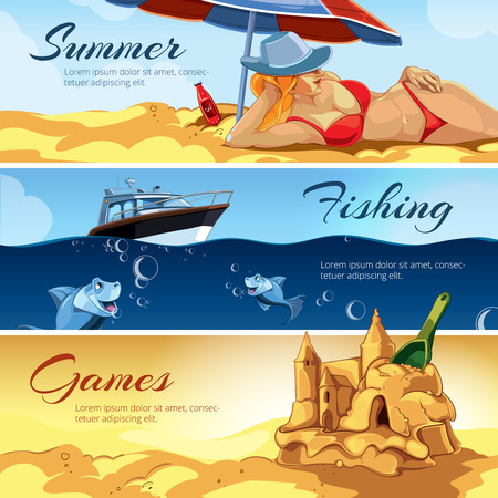 vector horizontal banners with pictures of summer rest. Girl a red bathing suit sunbathes on the beach. rest on the yacht. Sea fishing. Blue small fishes. Sand castlesのイラスト素材