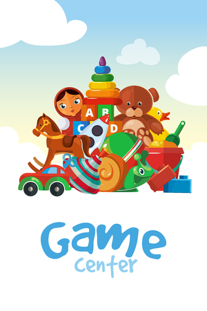 Toy kids. The board for the childrens game center. Vector illustration of toys with place for your text.のイラスト素材