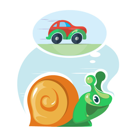 Fast speedy snail dreams to move as the cars. Moving quickly. Success, haste, speed, efficiency, performance and creativity concept. Vector illustration on light backgroundのイラスト素材