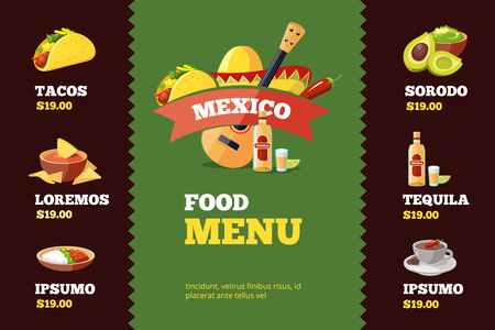 vector illustration of background restaurant menu template with traditional Mexican food. Tacos, burrito, tequila, guacamole, salsaのイラスト素材
