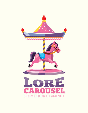 vector cartoon illustration of retro carousel with one pink horse isolated on light background.のイラスト素材