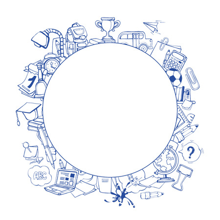 Back to School. pictures in circle shape of school elements isolate on white backgroundのイラスト素材