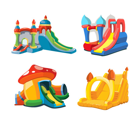 big Vector illustration set of inflatable castles and children hills on playground. Pictures isolate on white backgroundのイラスト素材