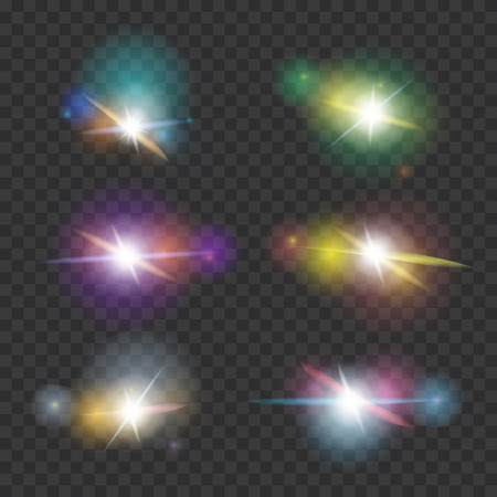 Vector Lens Flare effect Set with stars and sparkles on transparent backgroundのイラスト素材
