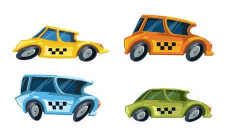 vector cartoon ilustrations of diferent color taxi cars set isolate on white background.のイラスト素材