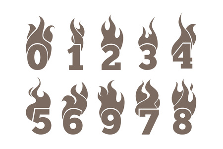 vector monochrome icons set of Flaming Numbers. Pictures isolate on white background. Illustrations for your personal emblems or logo designのイラスト素材