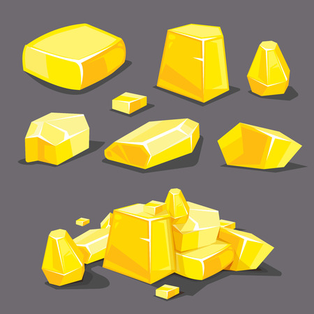 vector Set of different golden boulders. Template for 2D game UI. Illustrations isolate on dark backgroundのイラスト素材