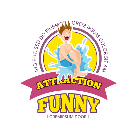 Vector illustration of color emblem with boy jumps in water. Funny Games on playground. Advertise label with place for your text. Picture isolate on white background.のイラスト素材
