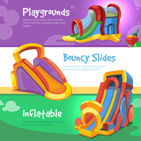 Vector Set of web banners with pictures of inflatable slides and bouncy castles on playground.のイラスト素材