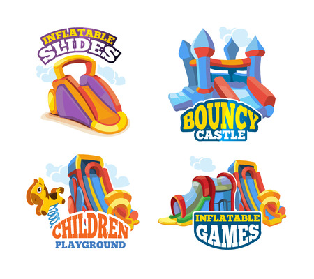 Vector illustration set of color emblems with toys for games on inflatable playground. Advertise labels with place for your text. Pictures isolate on white background. Flat styleのイラスト素材