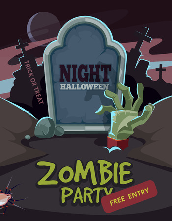 Zombie party vector illustration. Dead Man arm inside the ground in front of tomb. Invitation for halloween nigtのイラスト素材
