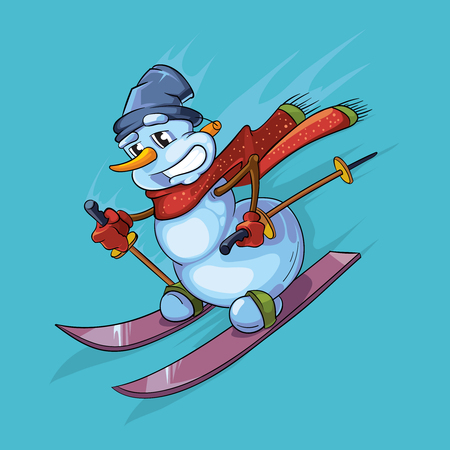 outline illustration of cute snowman with red scarf skiing. Christmas character isolate on blue backgroundのイラスト素材