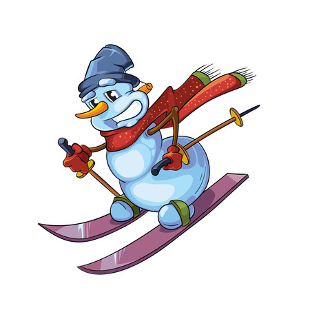 outline illustration of cute snowman with red scarf skiing. Christmas character isolate on white backgroundのイラスト素材