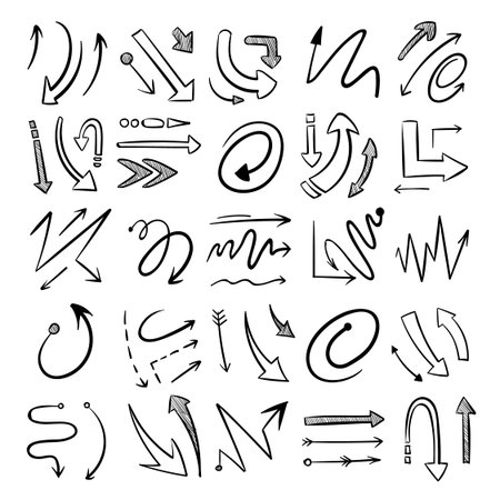 different curved lines with arrows. vector hand drawn shapes isolate on white