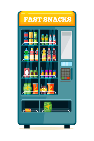 Vending food drink machine. Chips soda snack biscuits sandwich automatic product drink display acceptor assortiment cheap service consumer coin vector cartoon isolated.のイラスト素材