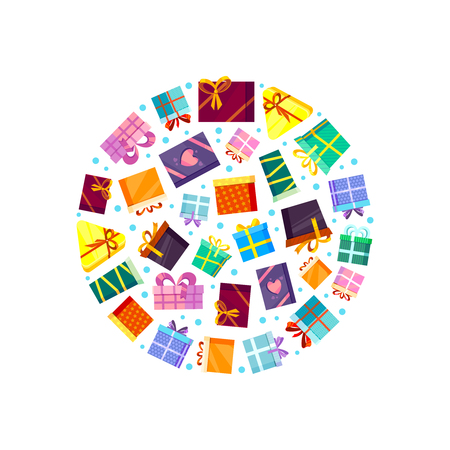 Gifts boxes. Colored xmas valentine and other celebrations presents surprise birthday shopping box with ribbons and bows vector flat pictures in circle shape isolated on white backgroundのイラスト素材