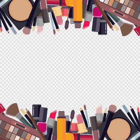 Woman makeup items. Frame design with beauty accessories bronzer liquid lipstick nail polish mascara makeup pencil eyelashes powder brushes foundation vector bordersのイラスト素材
