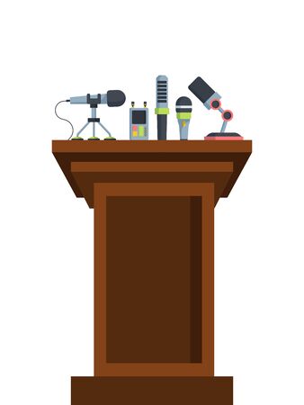 Brown tribune with microphones flat vector illustrationのイラスト素材