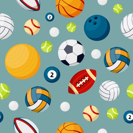 Sport equipment flat vector colorful seamless pattern. Soccer, football and tennis balls. Billiards, volleyball and bowling accoutrement on blue background. Round shape sport accessoriesのイラスト素材