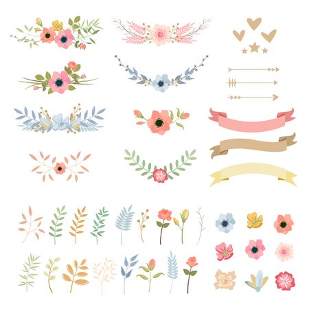 Wedding flowers decoration colorful vector illustrations set. Floral flat decor collection. Pastel colors , branches and leaves. Bridal bouquet. Botanical borders design elements packのイラスト素材